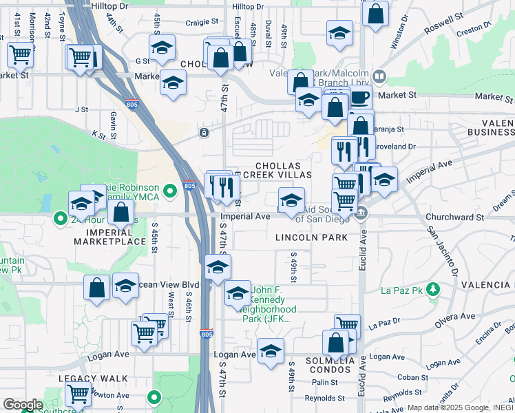 map of restaurants, bars, coffee shops, grocery stores, and more near 4792 Imperial Avenue in San Diego