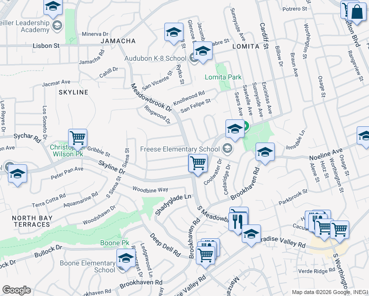 map of restaurants, bars, coffee shops, grocery stores, and more near 7895 Hunthaven Road in San Diego