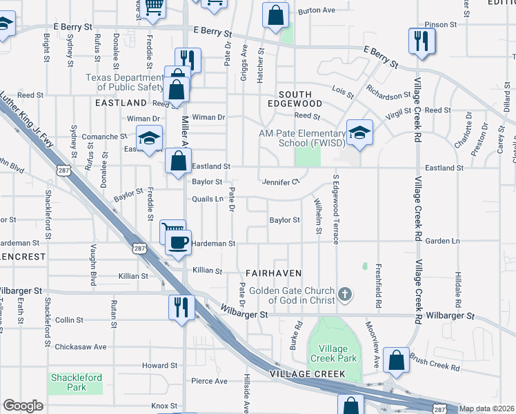 map of restaurants, bars, coffee shops, grocery stores, and more near 3983 Griggs Court in Fort Worth