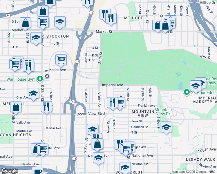 map of restaurants, bars, coffee shops, grocery stores, and more near 215-17 Southlook Avenue in San Diego