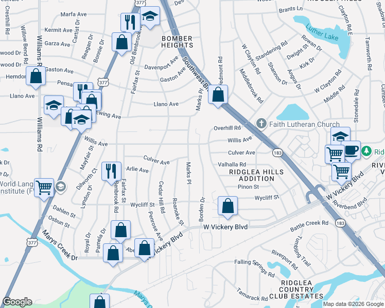map of restaurants, bars, coffee shops, grocery stores, and more near 4713 Marks Pl in Fort Worth