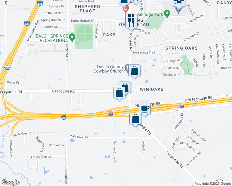 map of restaurants, bars, coffee shops, grocery stores, and more near 12812 Seagoville Road in Balch Springs