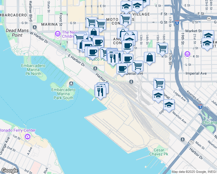 map of restaurants, bars, coffee shops, grocery stores, and more near 2 Park Boulevard in San Diego