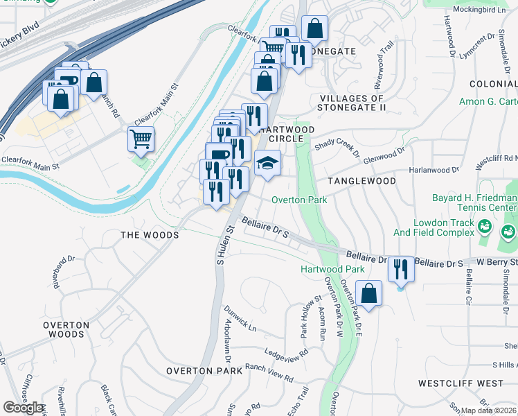 map of restaurants, bars, coffee shops, grocery stores, and more near 4320 Bellaire Drive South in Fort Worth