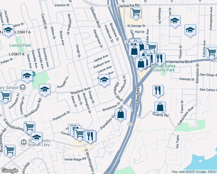 map of restaurants, bars, coffee shops, grocery stores, and more near 8845 Noeline Avenue in Spring Valley