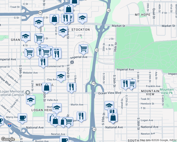 map of restaurants, bars, coffee shops, grocery stores, and more near 3336 Webster Avenue in San Diego