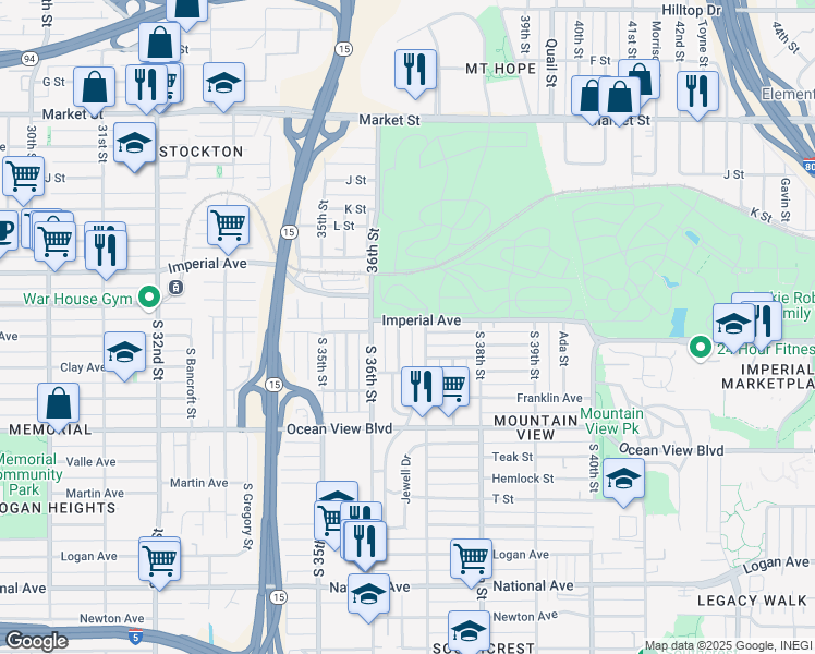 map of restaurants, bars, coffee shops, grocery stores, and more near 215-17 Southlook Avenue in San Diego