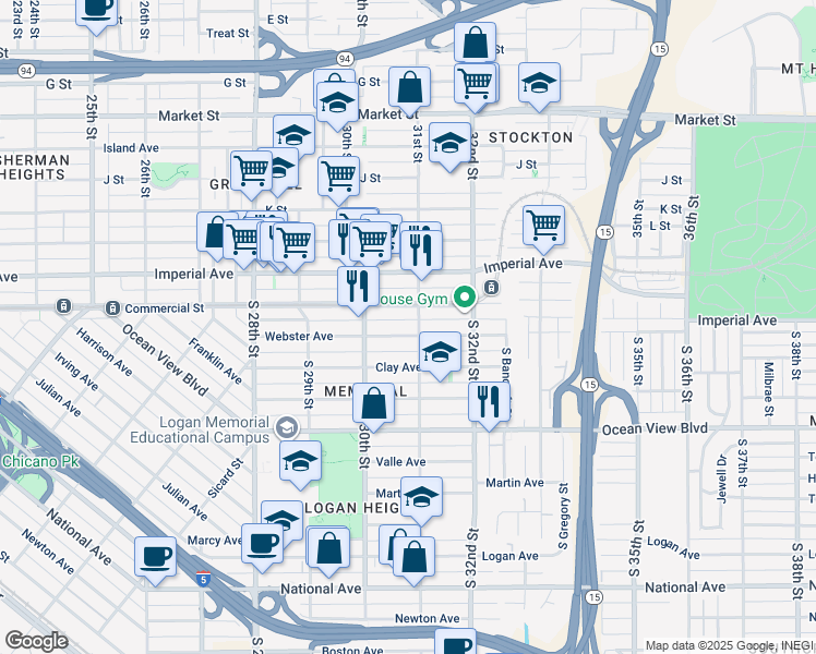 map of restaurants, bars, coffee shops, grocery stores, and more near 3094 Webster Avenue in San Diego