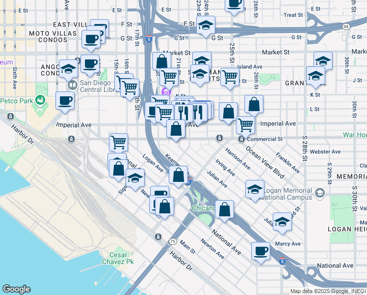 map of restaurants, bars, coffee shops, grocery stores, and more near 1802 Julian Avenue in San Diego