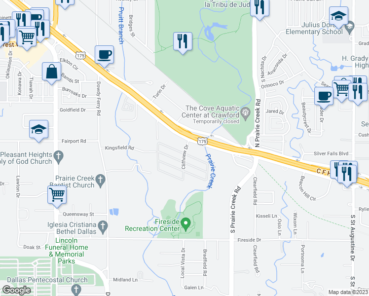 map of restaurants, bars, coffee shops, grocery stores, and more near 733 Cliffview Drive in Dallas
