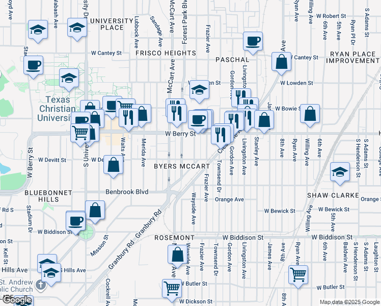 map of restaurants, bars, coffee shops, grocery stores, and more near 3140 Wayside Avenue in Fort Worth