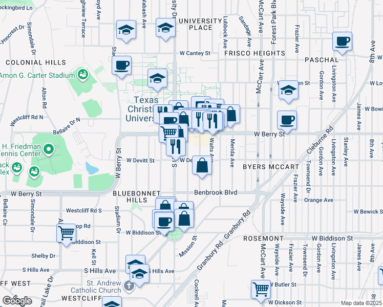 map of restaurants, bars, coffee shops, grocery stores, and more near 3141 Cockrell Avenue in Fort Worth