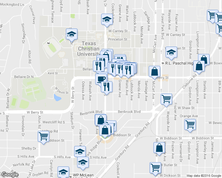 map of restaurants, bars, coffee shops, grocery stores, and more near 3141 Cockrell Avenue in Fort Worth
