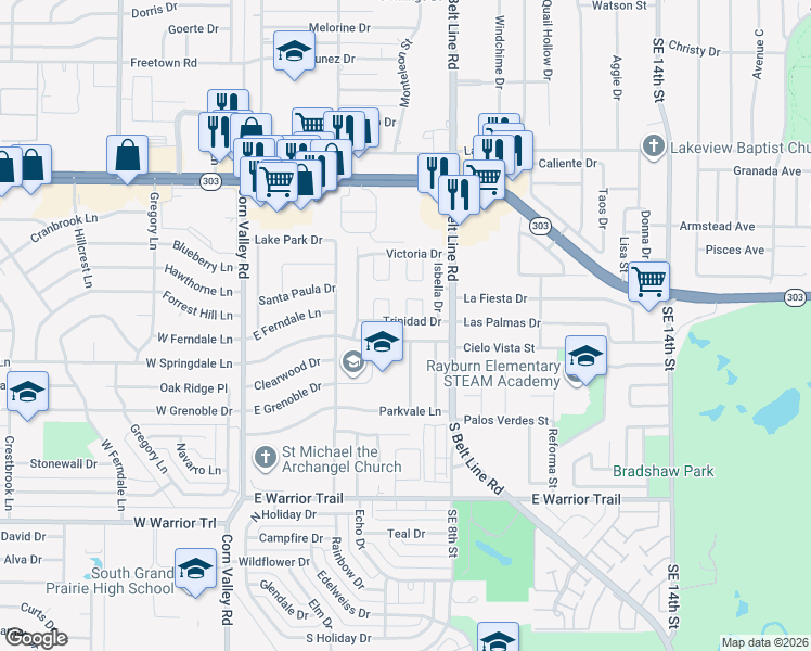 map of restaurants, bars, coffee shops, grocery stores, and more near 503 Trinidad Drive in Grand Prairie