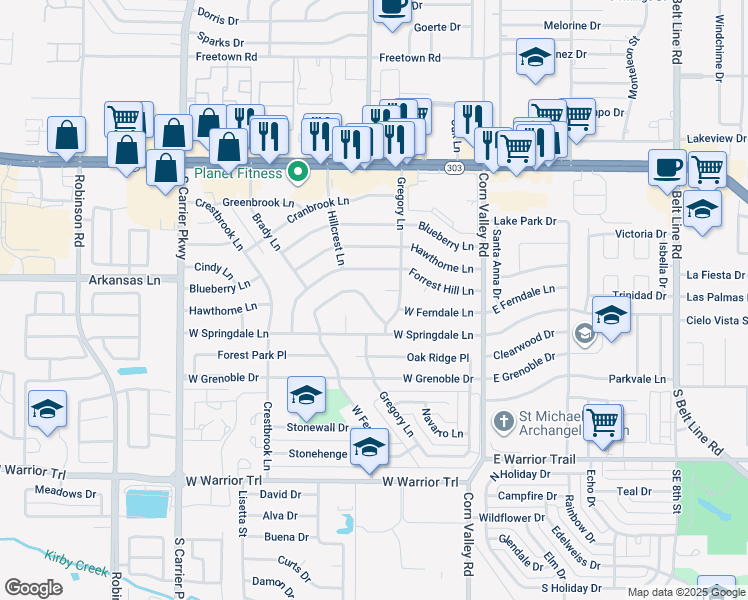 map of restaurants, bars, coffee shops, grocery stores, and more near 2734 Gregory Lane in Grand Prairie