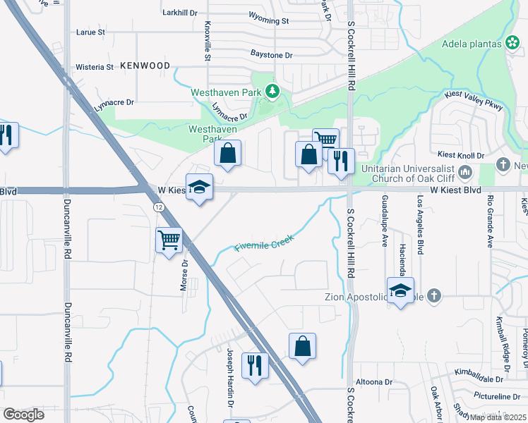 map of restaurants, bars, coffee shops, grocery stores, and more near 4560 West Kiest Boulevard in Dallas