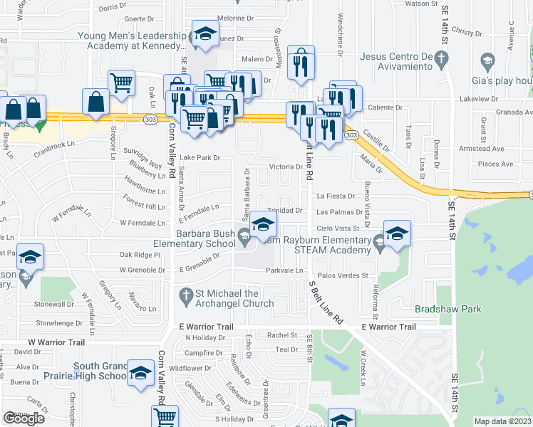 map of restaurants, bars, coffee shops, grocery stores, and more near 401 Trinidad Drive in Grand Prairie