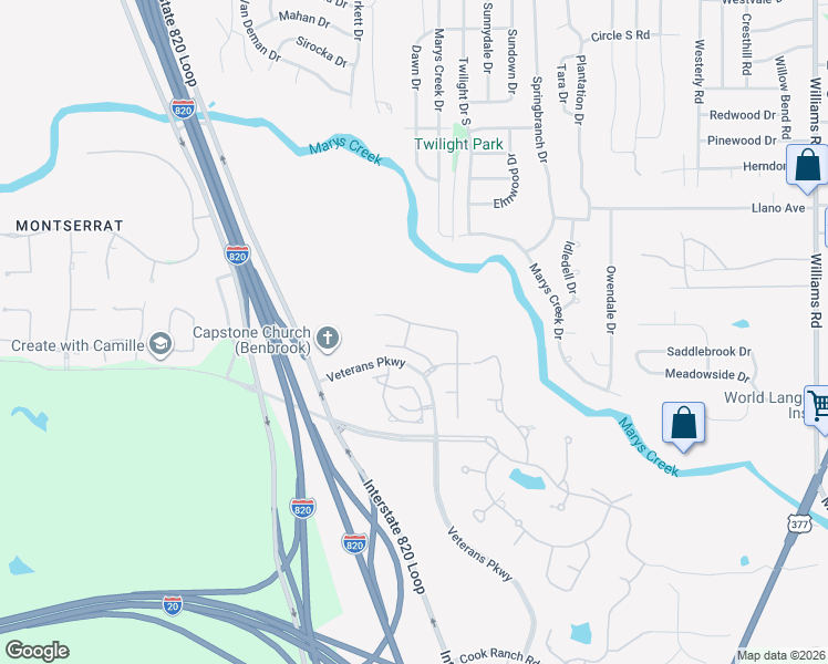 map of restaurants, bars, coffee shops, grocery stores, and more near 8975 Ranch Bluff Court in Benbrook