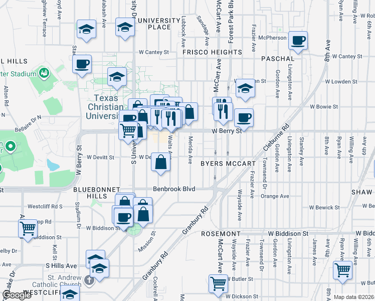 map of restaurants, bars, coffee shops, grocery stores, and more near 3136 Merida Avenue in Fort Worth