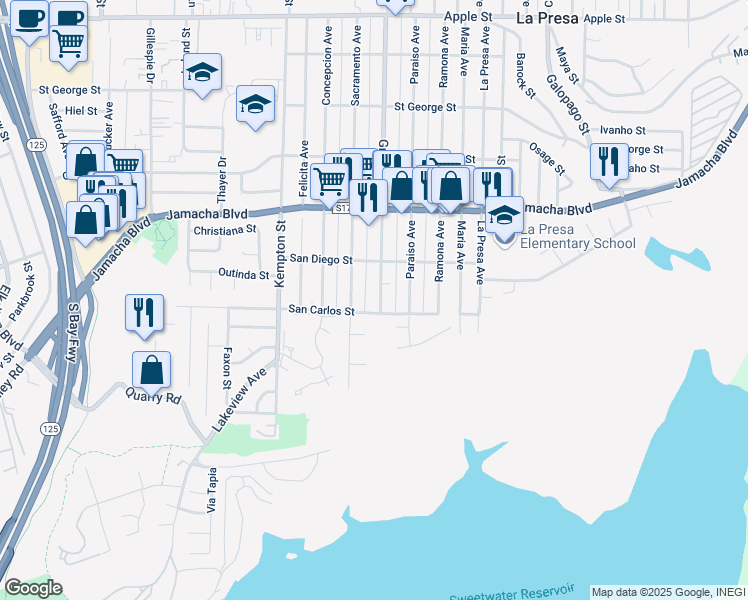 map of restaurants, bars, coffee shops, grocery stores, and more near 418 Grand Avenue in Spring Valley