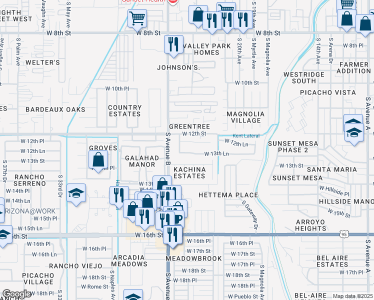 map of restaurants, bars, coffee shops, grocery stores, and more near 2346 West 13th Lane in Yuma