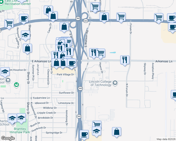 map of restaurants, bars, coffee shops, grocery stores, and more near 2934 Alouette Drive in Grand Prairie