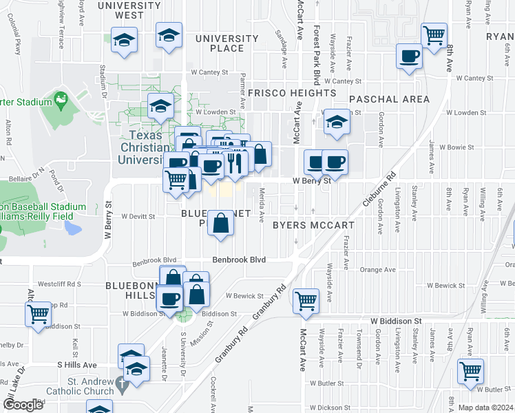map of restaurants, bars, coffee shops, grocery stores, and more near 3136 Merida Avenue in Fort Worth