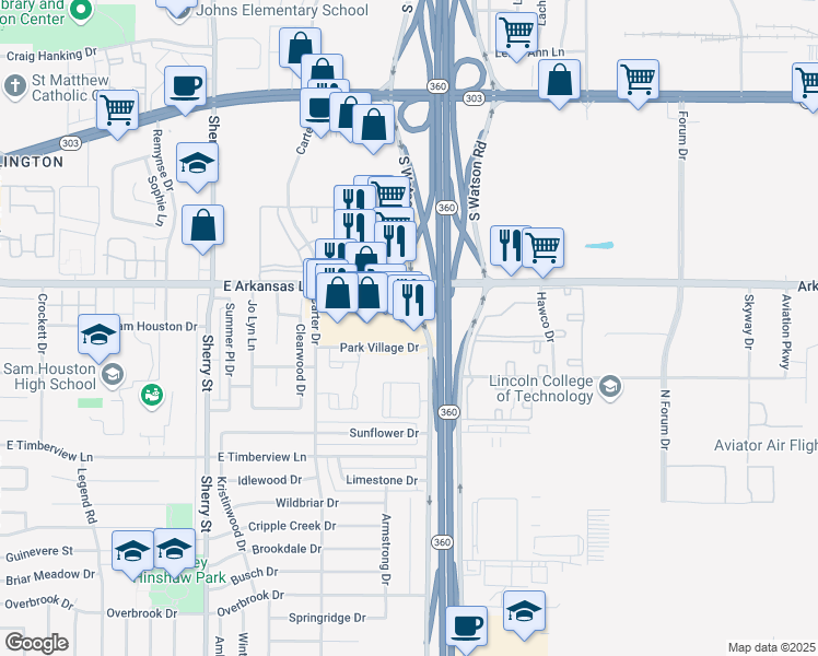 map of restaurants, bars, coffee shops, grocery stores, and more near S Watson Rd in Arlington