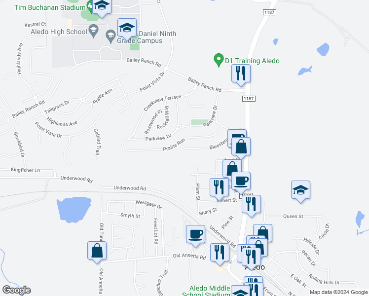 map of restaurants, bars, coffee shops, grocery stores, and more near 315 Bluestem Lane in Aledo