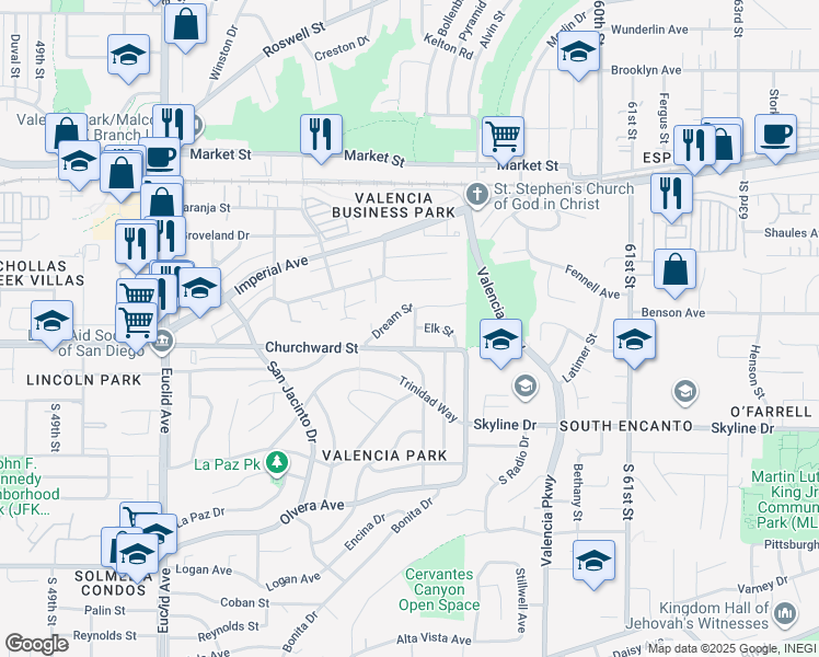 map of restaurants, bars, coffee shops, grocery stores, and more near 134 Las Flores Street in San Diego