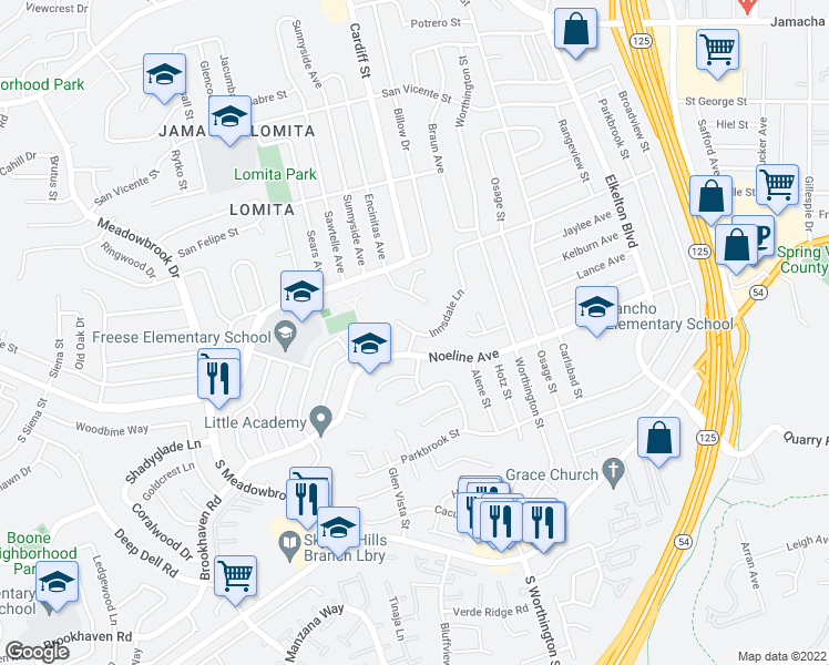 map of restaurants, bars, coffee shops, grocery stores, and more near Innsdale Ln & Noeline Way in San Diego
