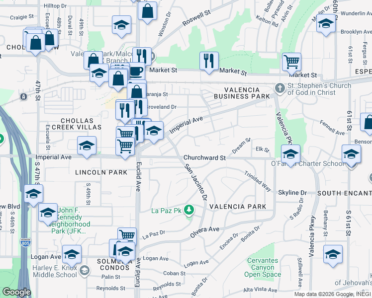 map of restaurants, bars, coffee shops, grocery stores, and more near 125 San Jacinto Drive in San Diego