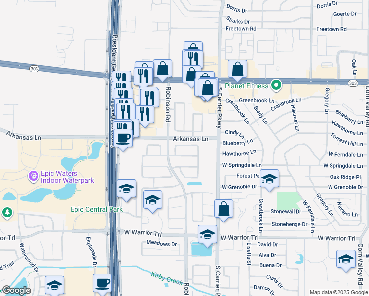 map of restaurants, bars, coffee shops, grocery stores, and more near 931 Quail Creek Drive in Grand Prairie