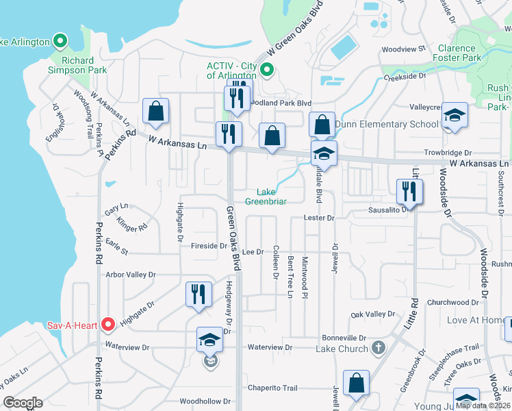 map of restaurants, bars, coffee shops, grocery stores, and more near 5400 Firewood Drive in Arlington