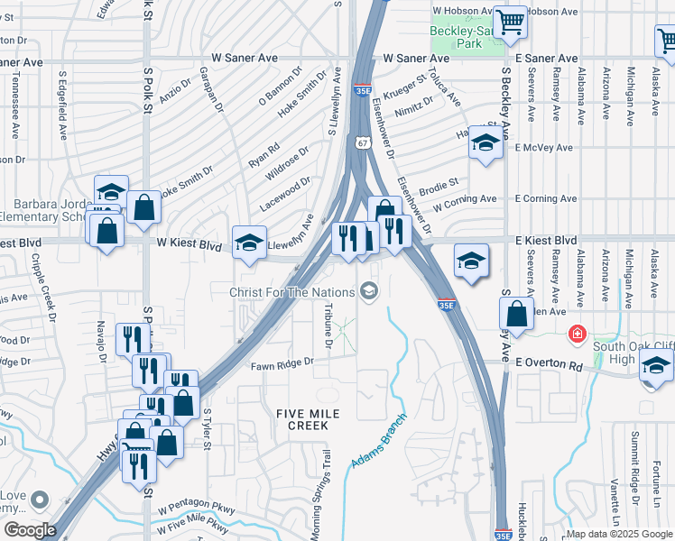 map of restaurants, bars, coffee shops, grocery stores, and more near 434 West Kiest Boulevard in Dallas