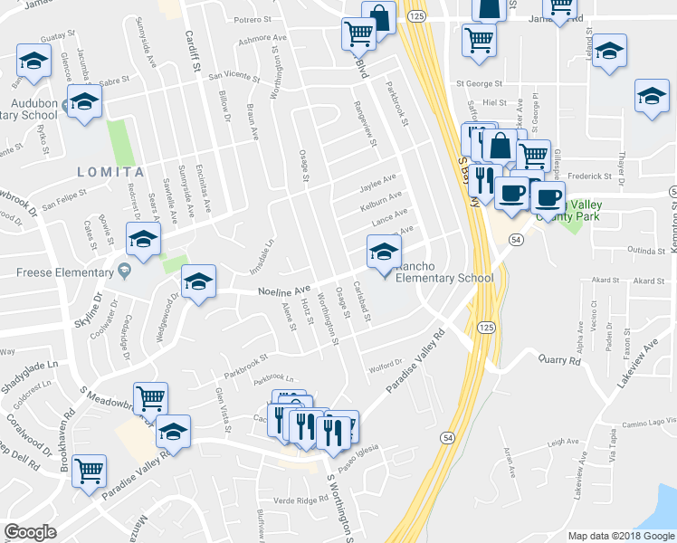 map of restaurants, bars, coffee shops, grocery stores, and more near 605 Osage Street in Spring Valley