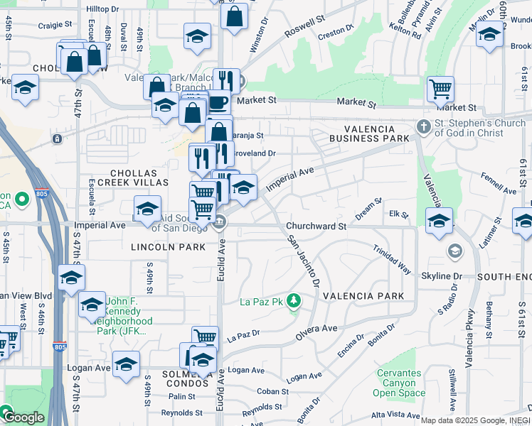 map of restaurants, bars, coffee shops, grocery stores, and more near 5236 Santa Margarita Street in San Diego