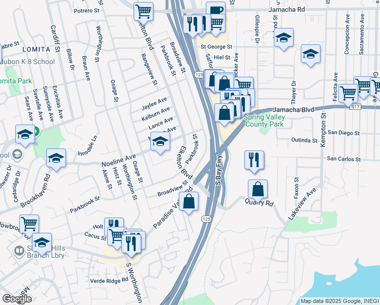 map of restaurants, bars, coffee shops, grocery stores, and more near 528 Parkbrook Street in Spring Valley