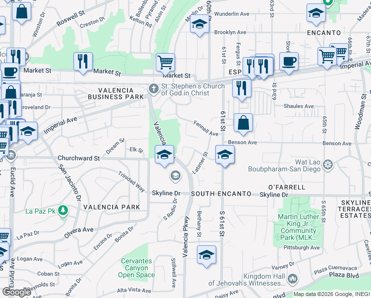 map of restaurants, bars, coffee shops, grocery stores, and more near 5935 Flipper Drive in San Diego