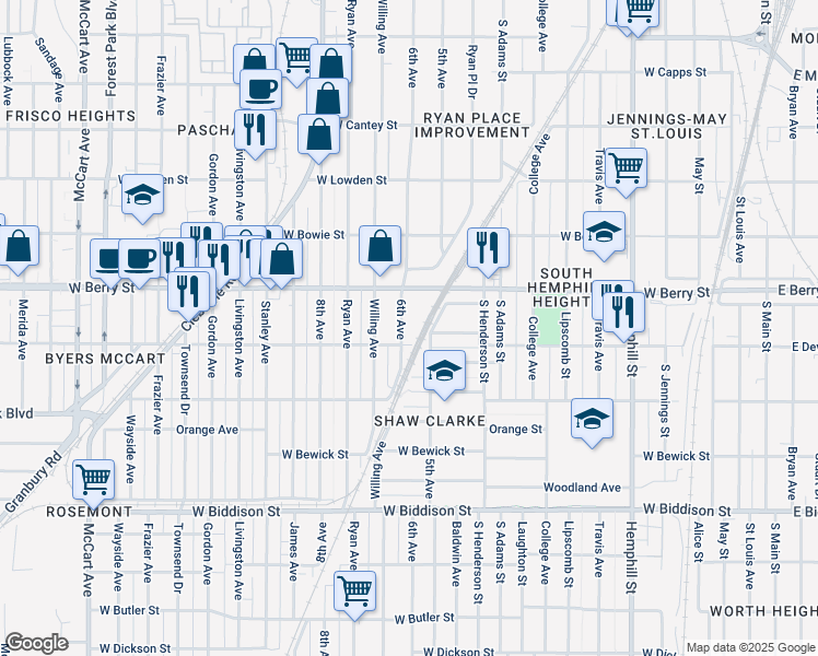 map of restaurants, bars, coffee shops, grocery stores, and more near 3136 6th Avenue in Fort Worth