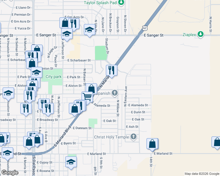 map of restaurants, bars, coffee shops, grocery stores, and more near 1702 East Snyder Street in Hobbs