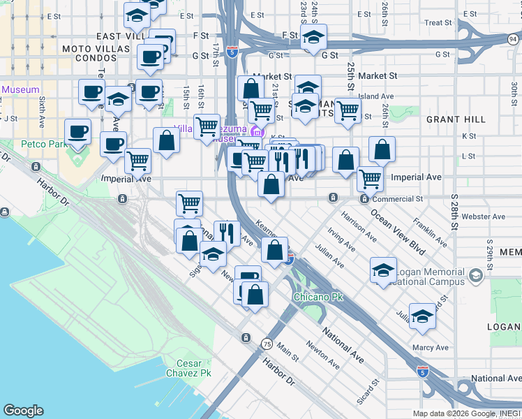 map of restaurants, bars, coffee shops, grocery stores, and more near in San Diego