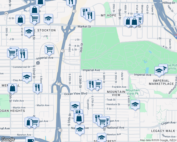 map of restaurants, bars, coffee shops, grocery stores, and more near 3665 Imperial Avenue in San Diego