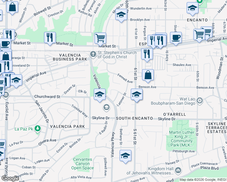 map of restaurants, bars, coffee shops, grocery stores, and more near 5935 Flipper Drive in San Diego