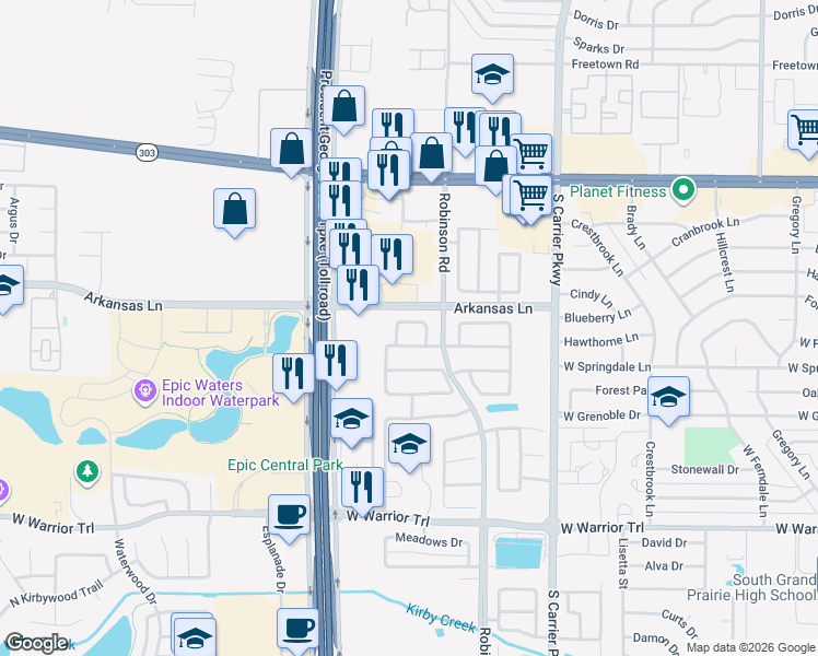 map of restaurants, bars, coffee shops, grocery stores, and more near 1059 Stream Drive in Grand Prairie