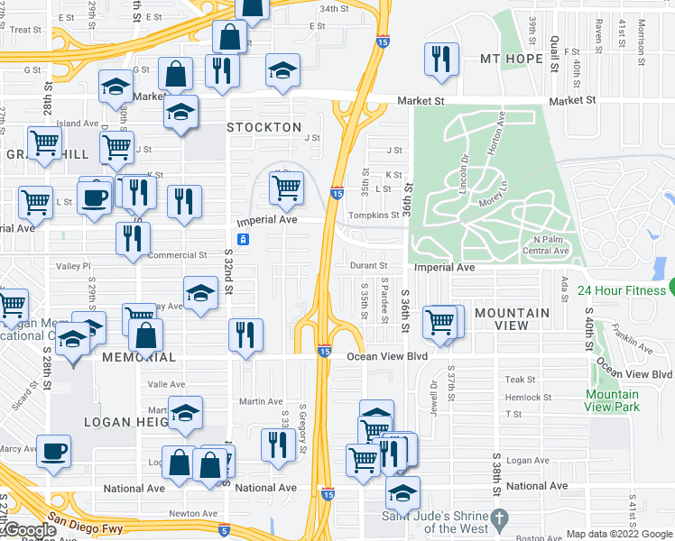 map of restaurants, bars, coffee shops, grocery stores, and more near 3436 Webster Avenue in San Diego
