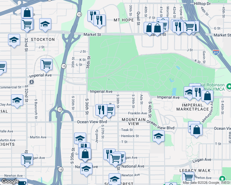 map of restaurants, bars, coffee shops, grocery stores, and more near 225a South 38th Street in San Diego