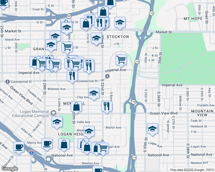 map of restaurants, bars, coffee shops, grocery stores, and more near 3238 Webster Avenue in San Diego