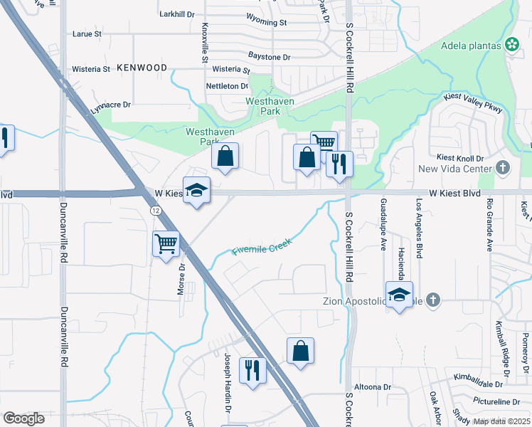 map of restaurants, bars, coffee shops, grocery stores, and more near 4560 West Kiest Boulevard in Dallas