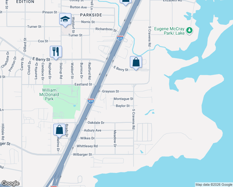 map of restaurants, bars, coffee shops, grocery stores, and more near 5825 Montague Street in Fort Worth